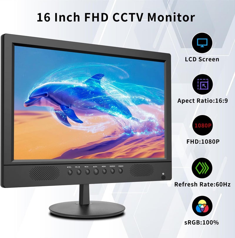 Jexiop 16inch Security Monitor,Wall-Mounted Monitors Supports USB/Full Format Video Playback,CCTV Monitors with AV/HDMI Input/VGA/BNC,Built-in Speaker,Remote Control - Image 2